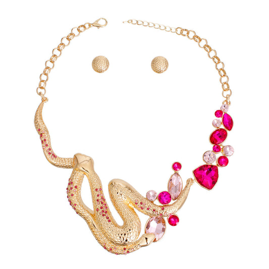 Bib Necklace Gold Fuchsia Snake Set for Women