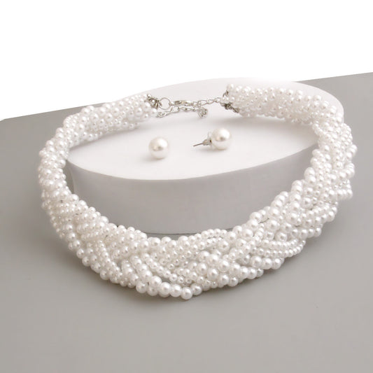 White Pearl Braided Necklace Set