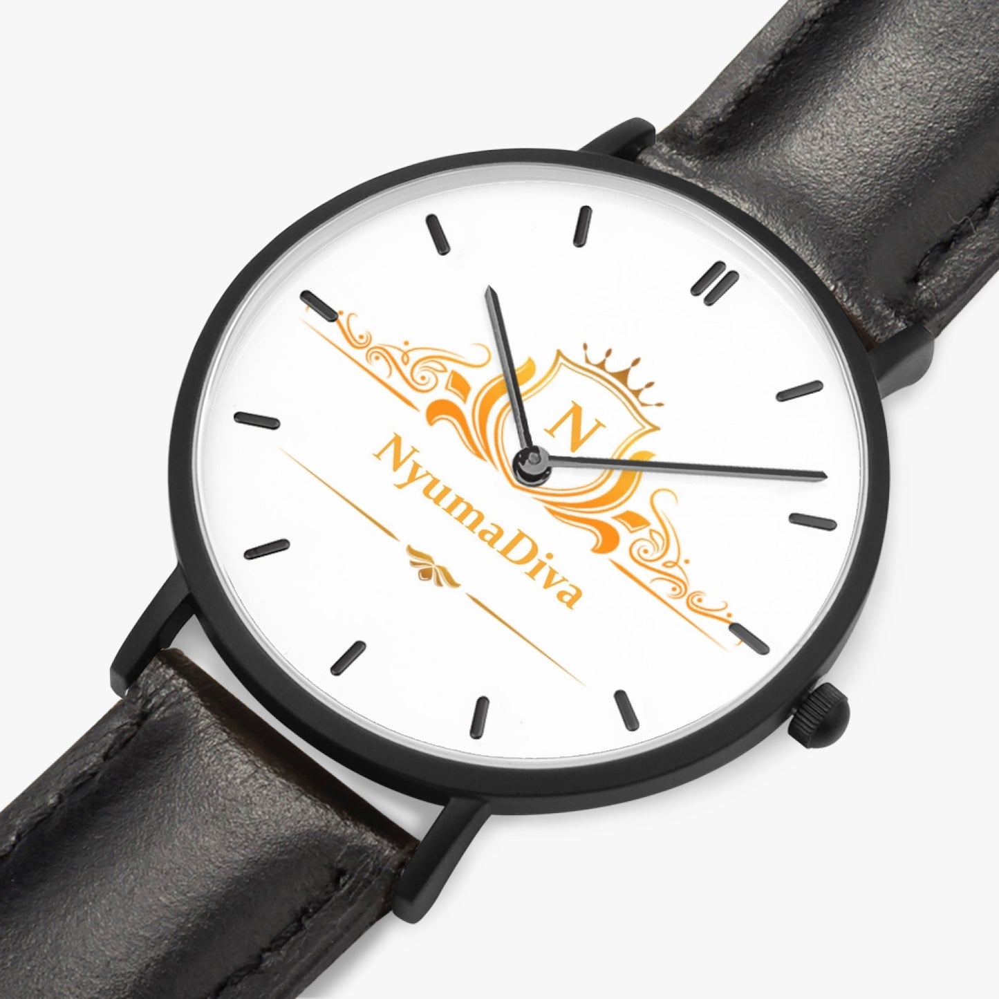 Nyumadiva Ultra-Thin Leather Strap Quartz Watch (Black With Indicators)