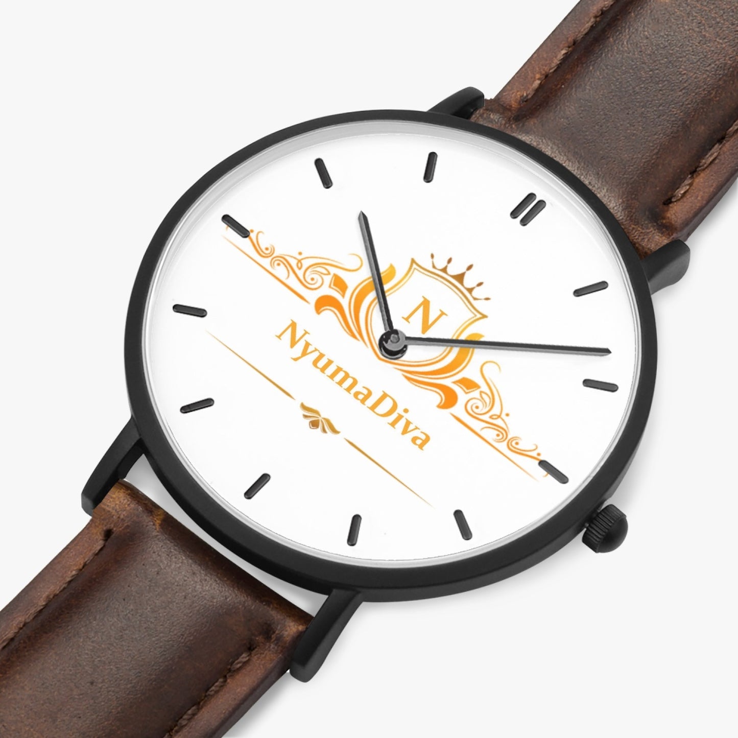 Nyumadiva Ultra-Thin Leather Strap Quartz Watch (Black With Indicators)