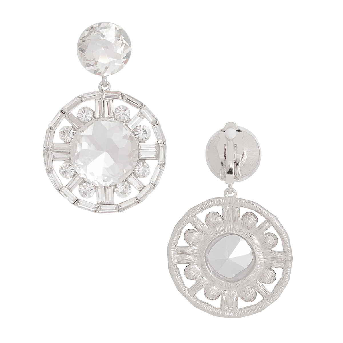 Clip On Large Silver Crystal Round Drop Earrings