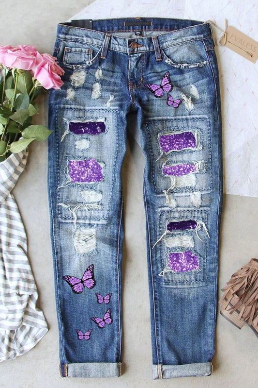 Sky Blue Butterfly Glitter Patchwork Acid Wash Distressed Jeans
