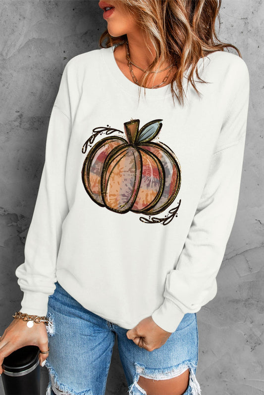 Beige Pumpkin Pattern Print Long Sleeve Pullover Sweatshirt
