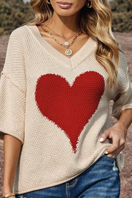 Beige V-Neck Dropped Sleeve Heart Print Slouchy Shift Sweaters