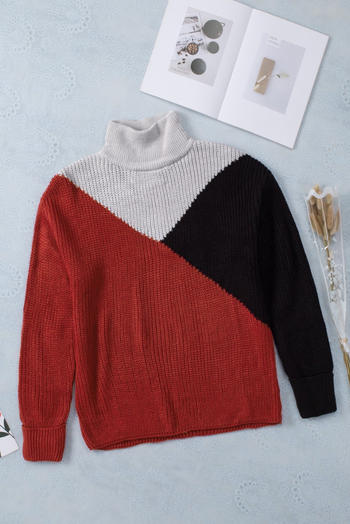 Block Drop Shoulder Turtleneck Sweater