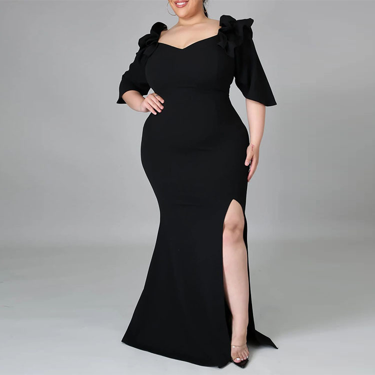 Plus Size Women's Solid Color Ruffled Slit Maxi Dress