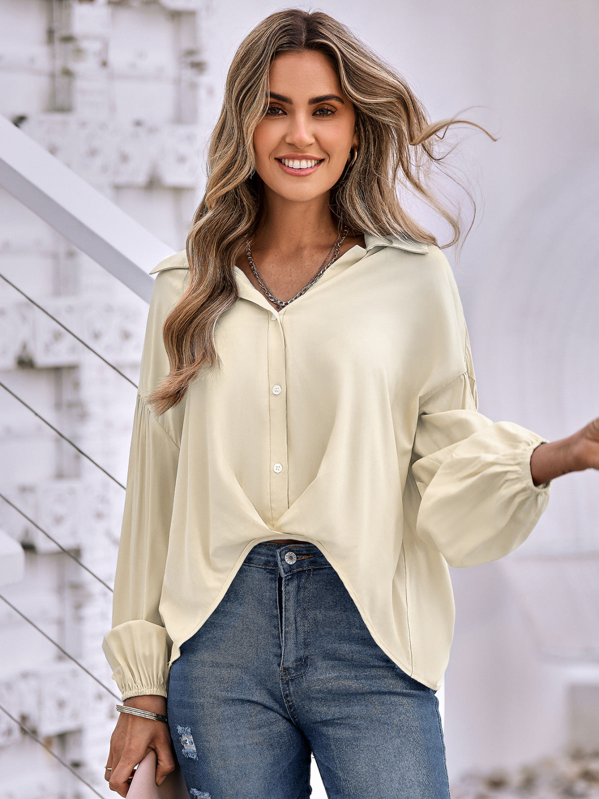Collared Neck Lantern Sleeve Single-Breasted Solid Color Blouse