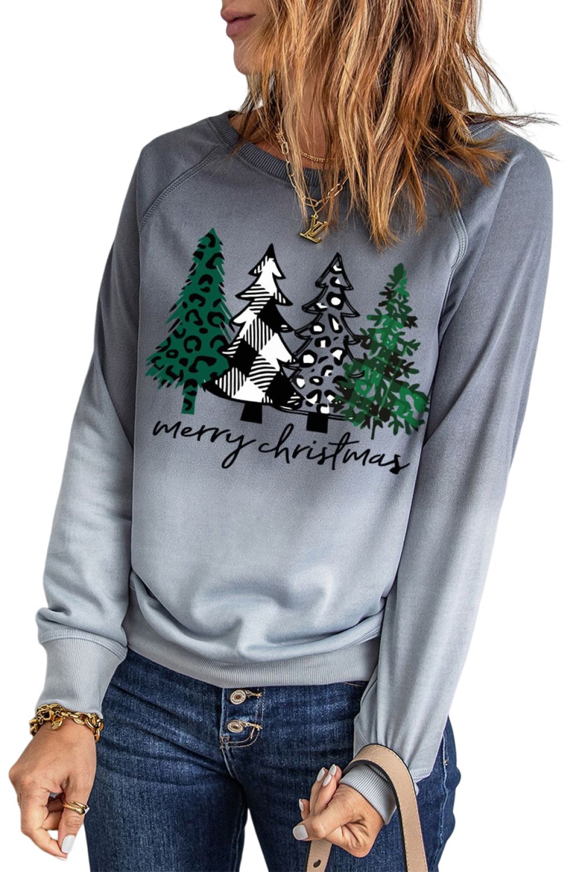 Gray Merry Christmas Tree Gradient Color Print Graphic Sweatshirt