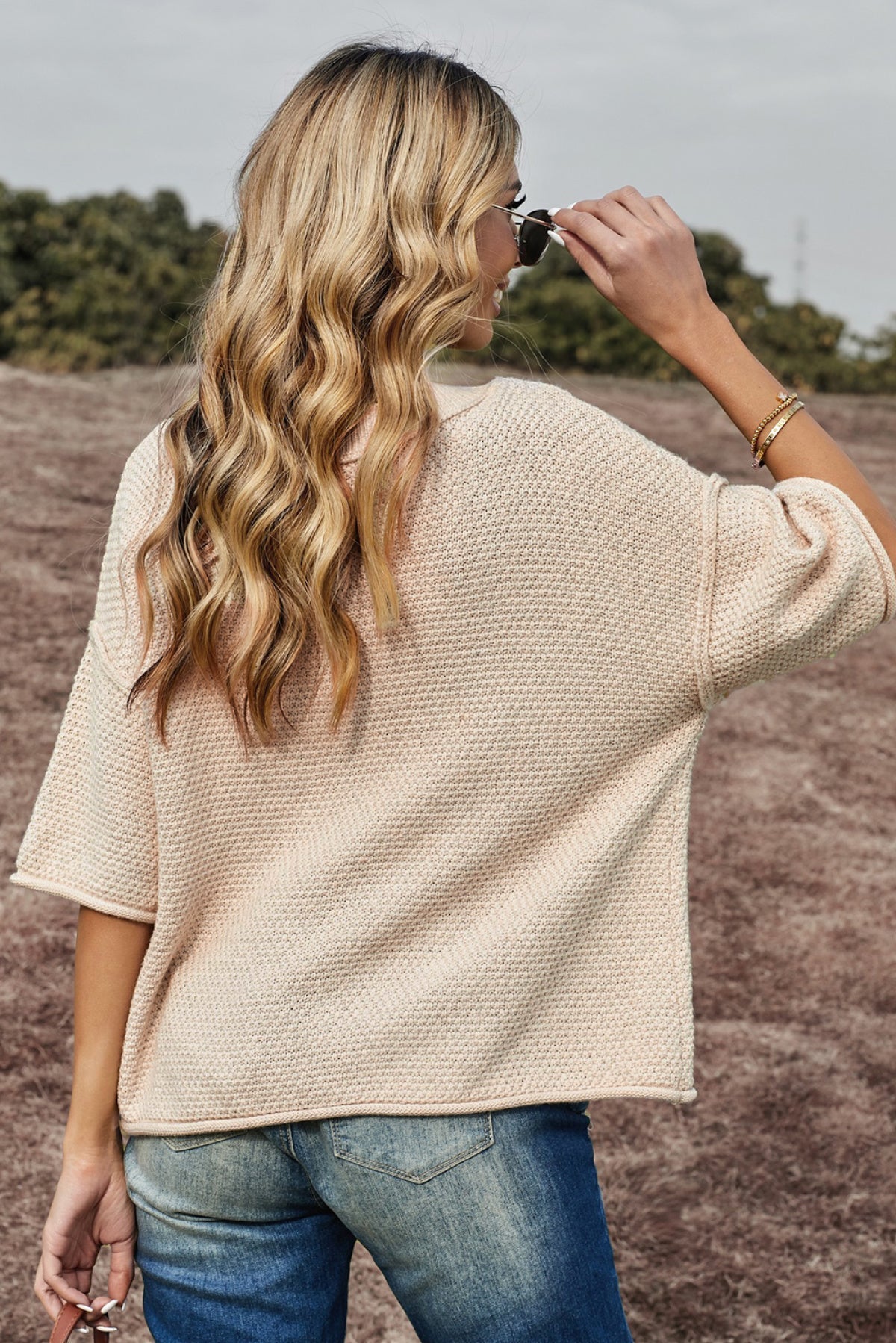 Beige V-Neck Dropped Sleeve Heart Print Slouchy Shift Sweaters