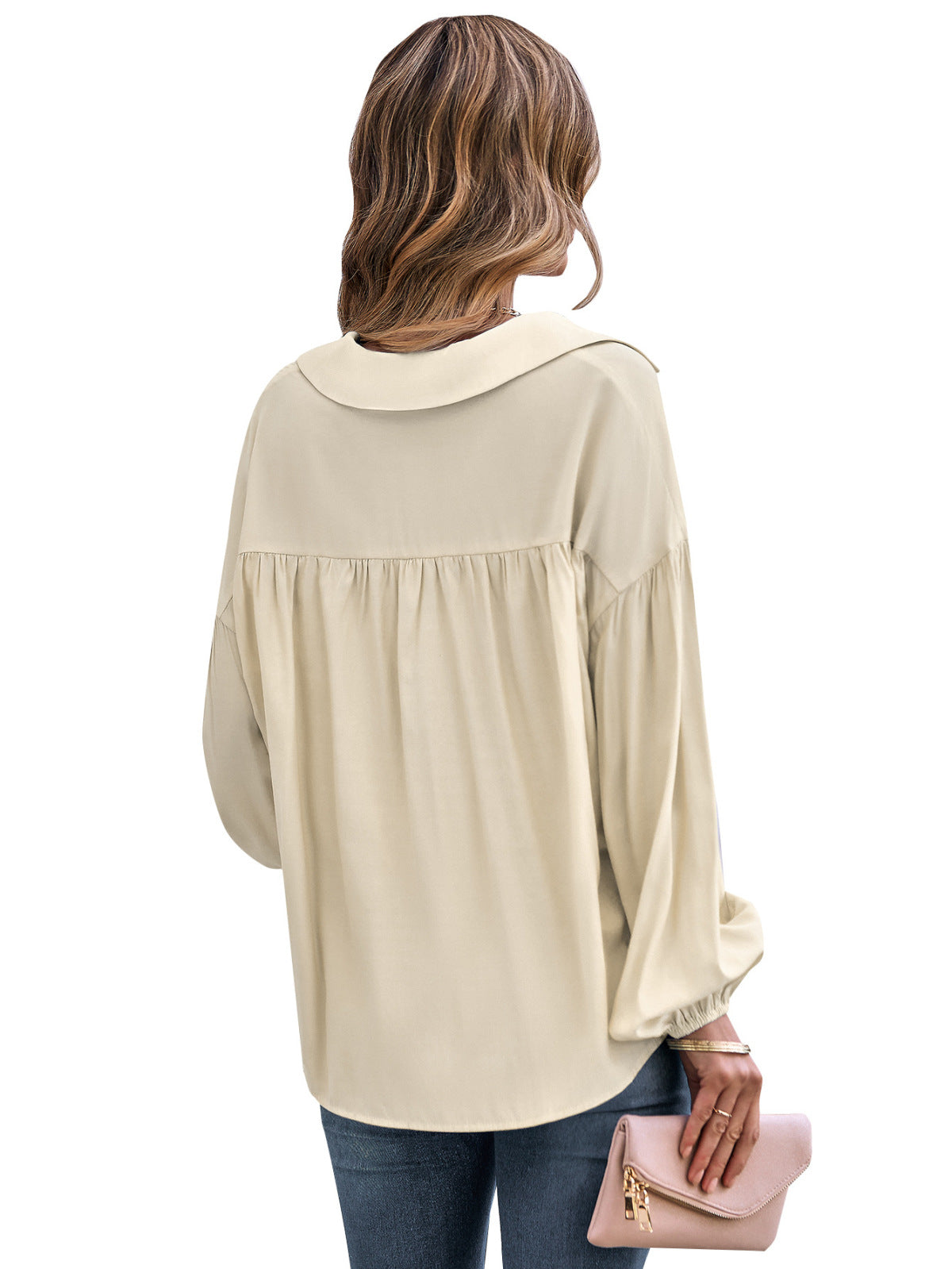 Collared Neck Lantern Sleeve Single-Breasted Solid Color Blouse