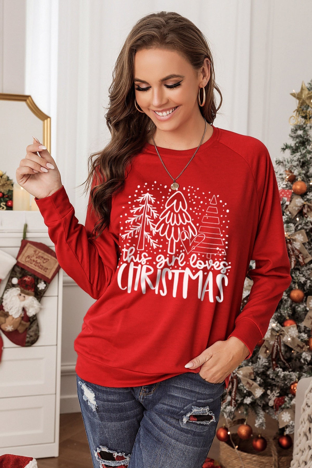 Red Christmas Tree Letter Print Long Sleeve Graphic Sweatshirt