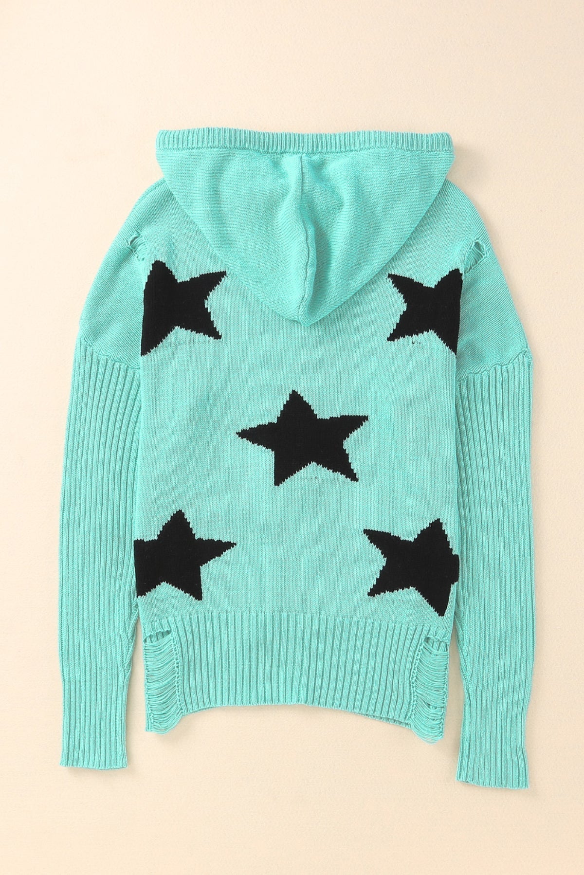 Green V Neck Star Pattern Hooded Sweater With Slits