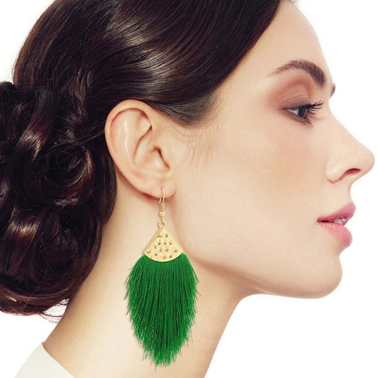 Green Silk Tassel Fish Hook Earrings