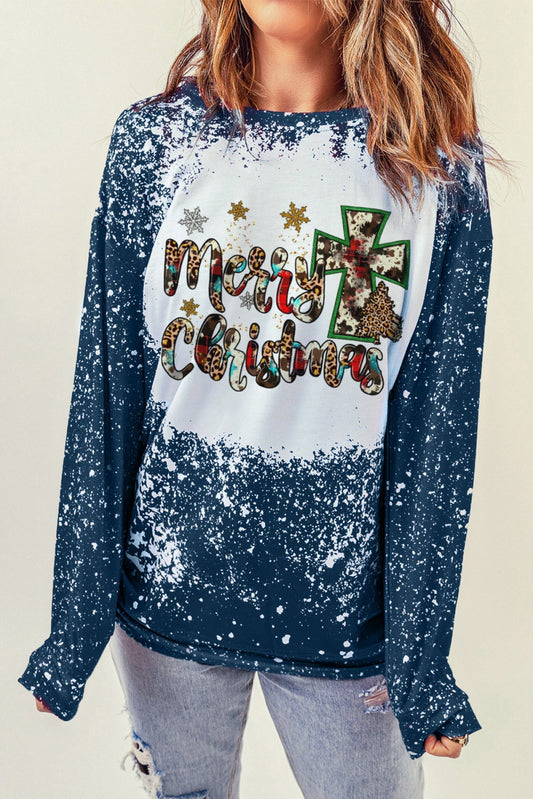 Merry Christmas Cross Bleached Print Pullover Sweatshirt
