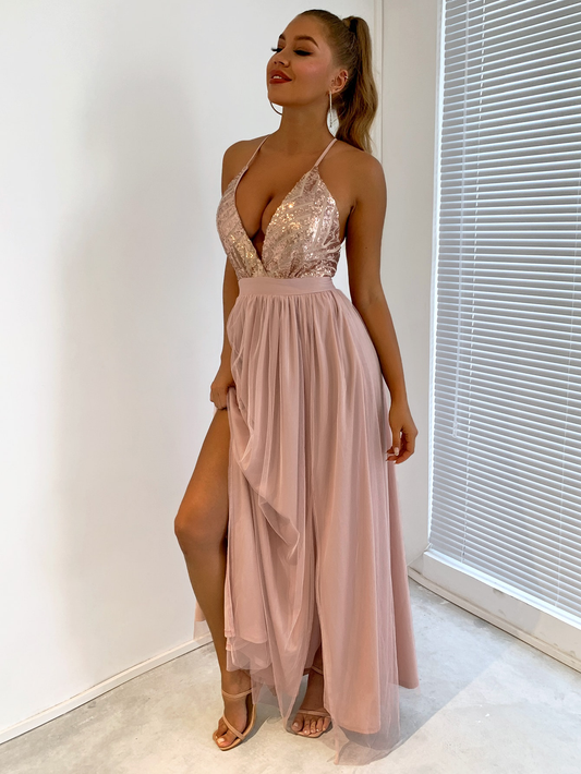 Sequin Bodice Backless Mesh Cami Prom Dress