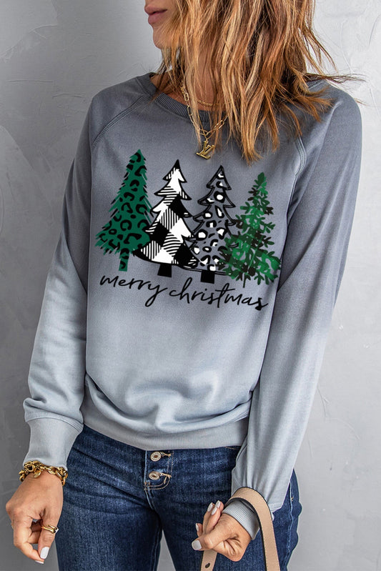 Gray Merry Christmas Tree Gradient Color Print Graphic Sweatshirt