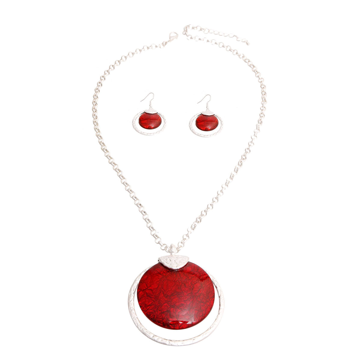 Matte Silver and Round Red Pendant Set