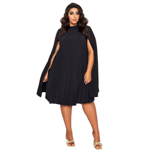 5XL Black Pleated Cape Dress