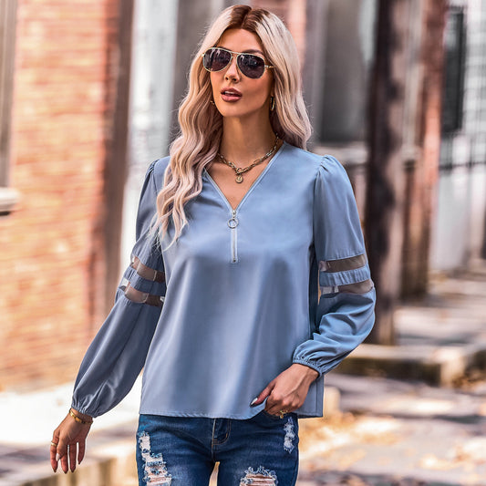 V-Neck Lantern Sleeve Solid Color Blouse With Zipper