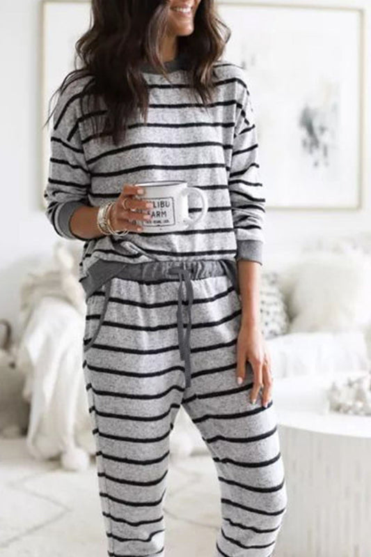 Gray Striped Long Sleeve Top And Drawstring Joggers Loungewear