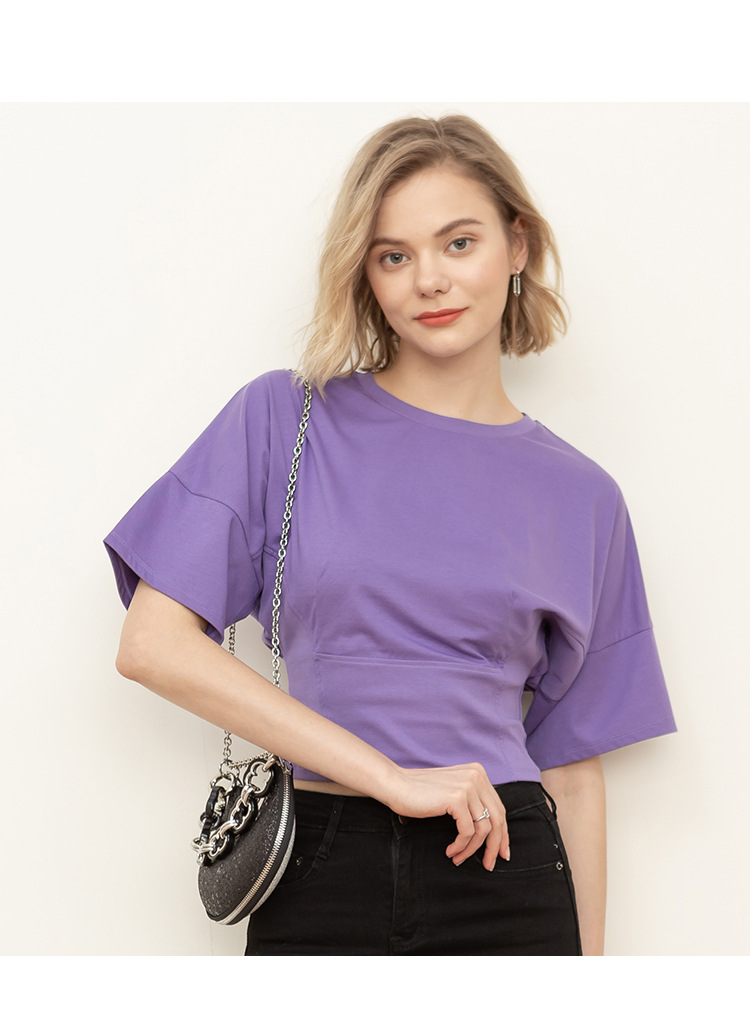 Women's Round Neck Solid Color Cinched Waist Top