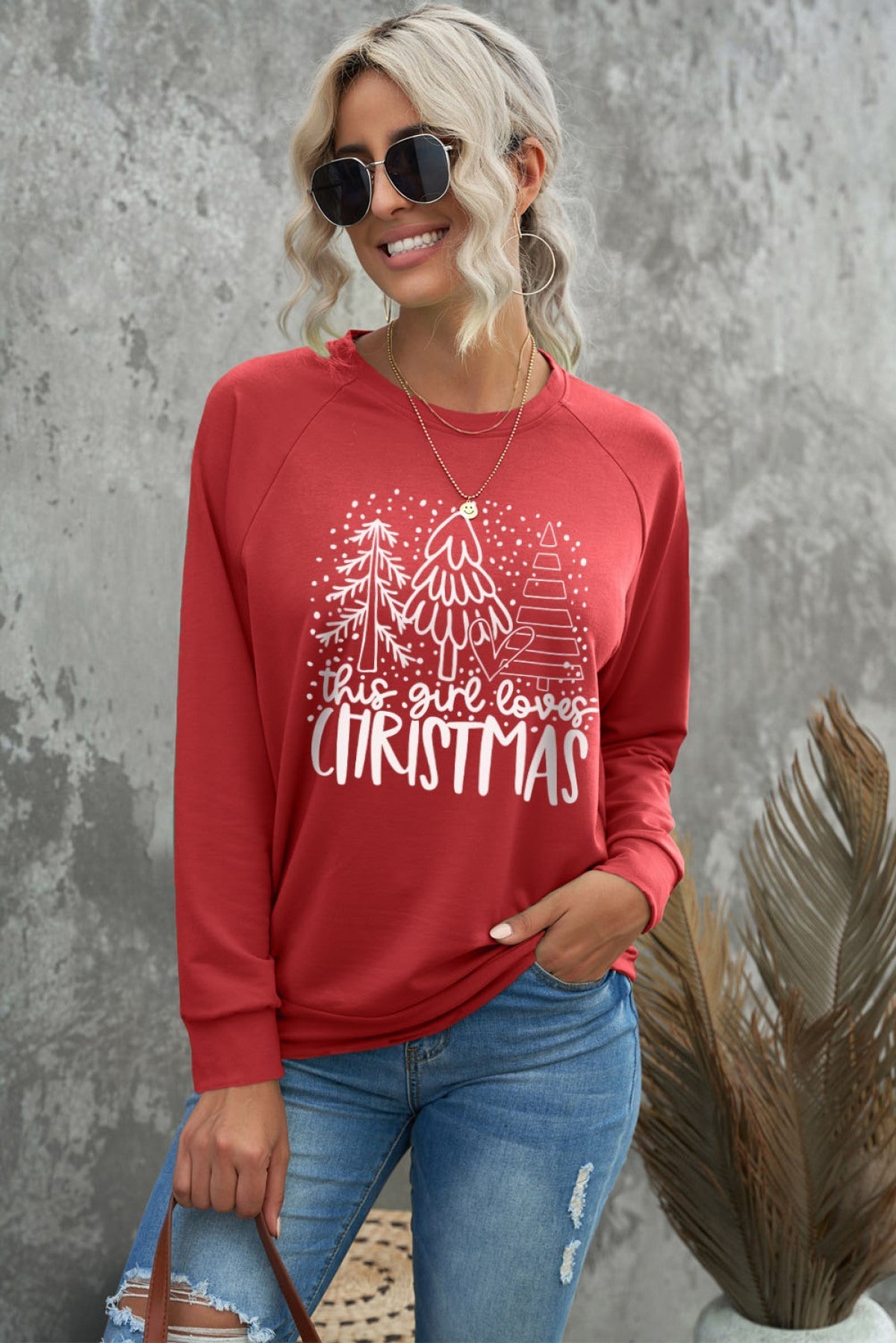 Red Christmas Tree Letter Print Long Sleeve Graphic Sweatshirt