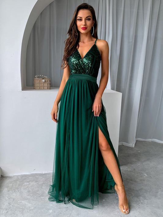 Sequin Bodice Backless Mesh Cami Prom Dress