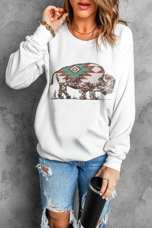 Beige Cow Aztec Graphic Print Long Sleeve Sweatshirt