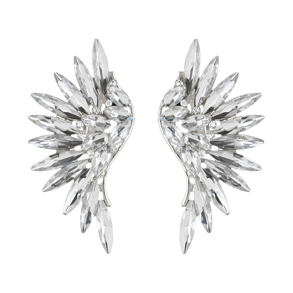 Silver and Rhinestone Wing Design Clip On Earrings