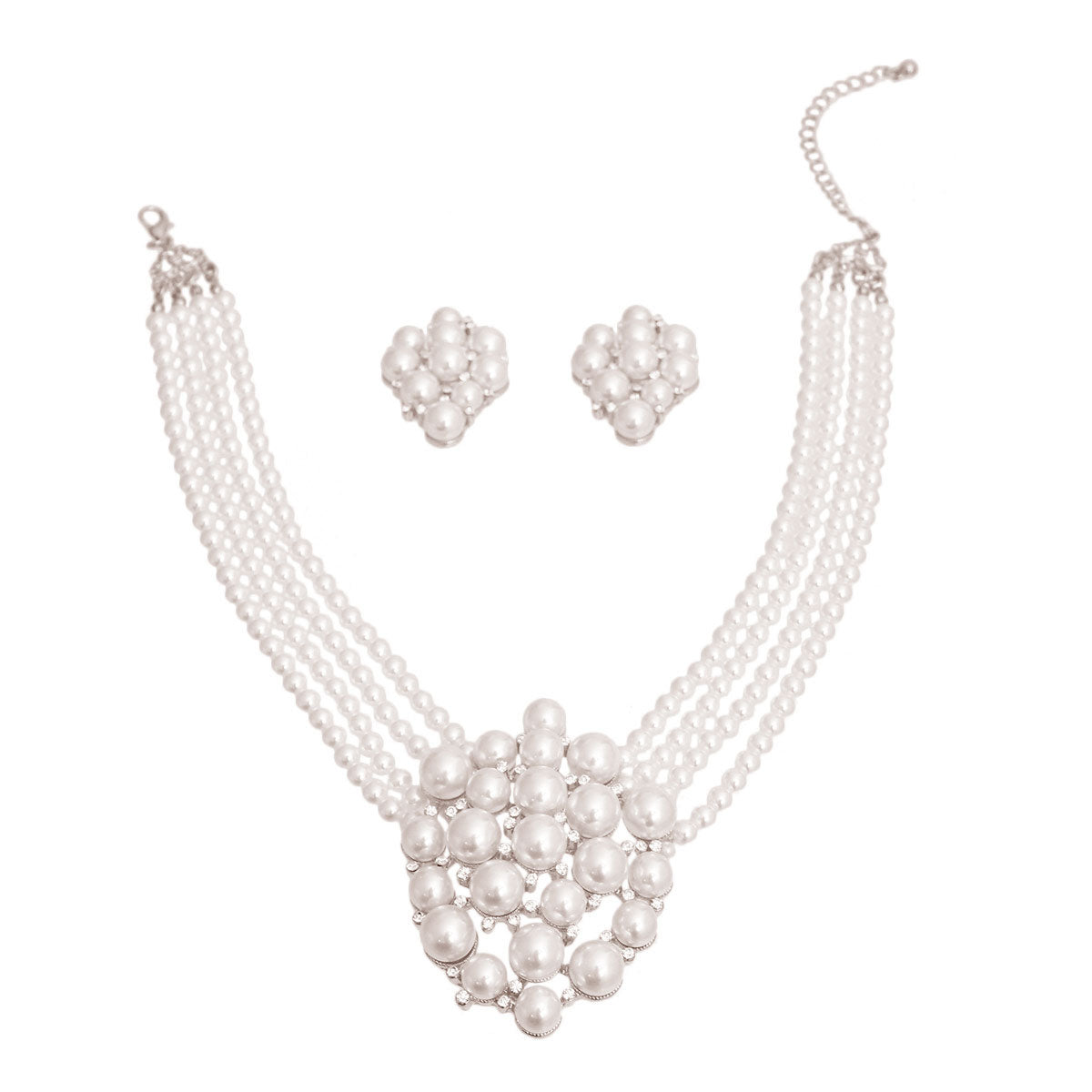 White 4 Line Cluster Pearl Necklace
