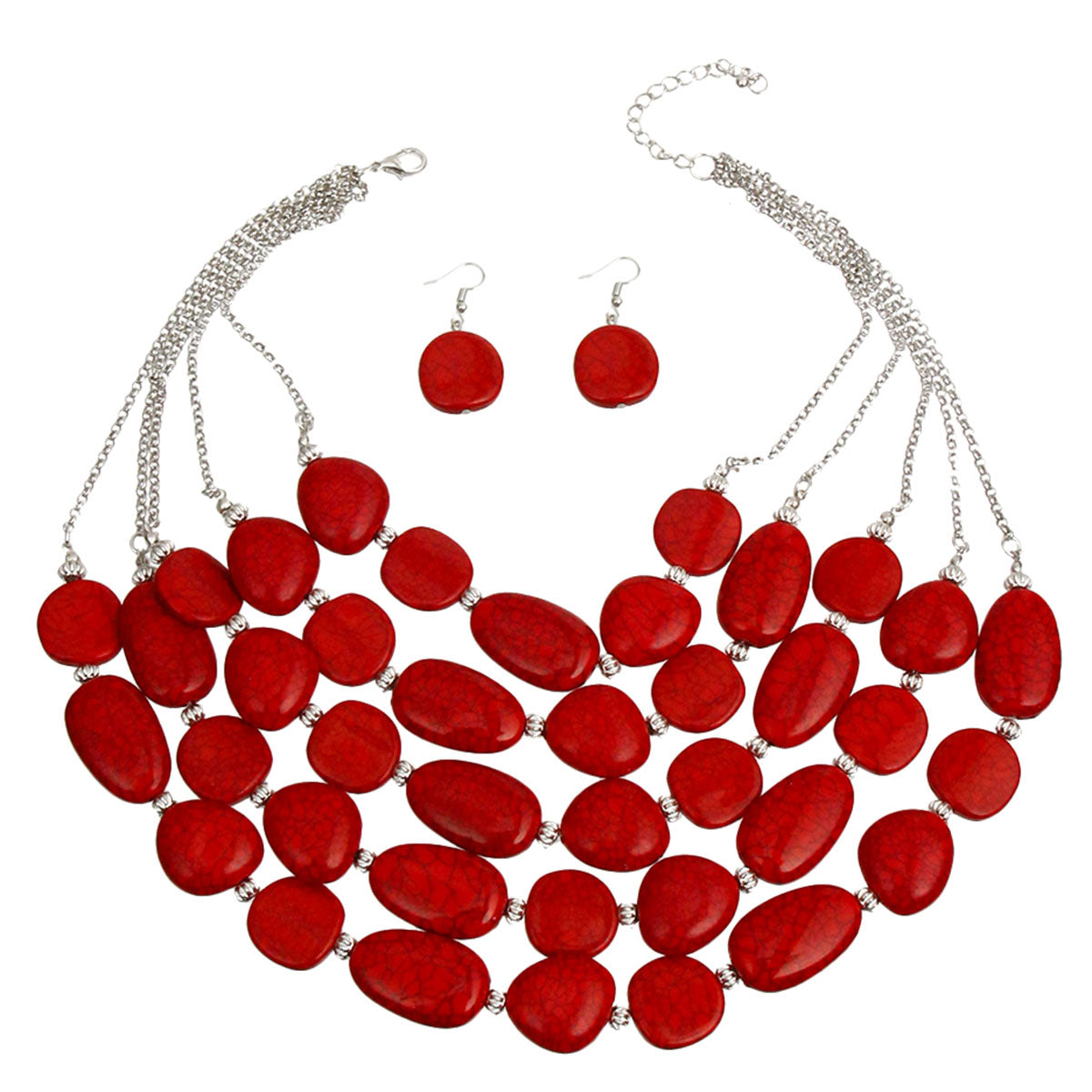 Red Cracked Stone Bead Layered Necklace Set