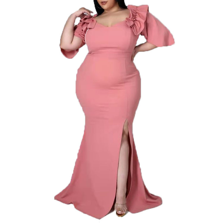 Plus Size Women's Solid Color Ruffled Slit Maxi Dress