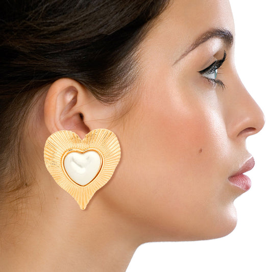 Gold Ribbed Heart Pearl Clip Ons