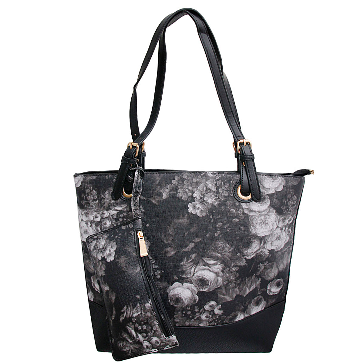 Black and White Painted Flower Tote Bag Set