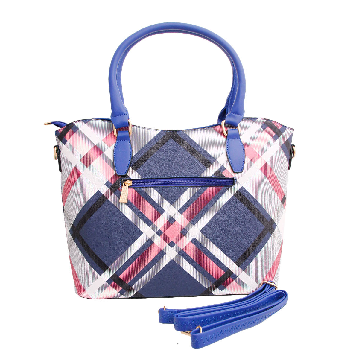 Blue Plaid Pocket Tote Handbag