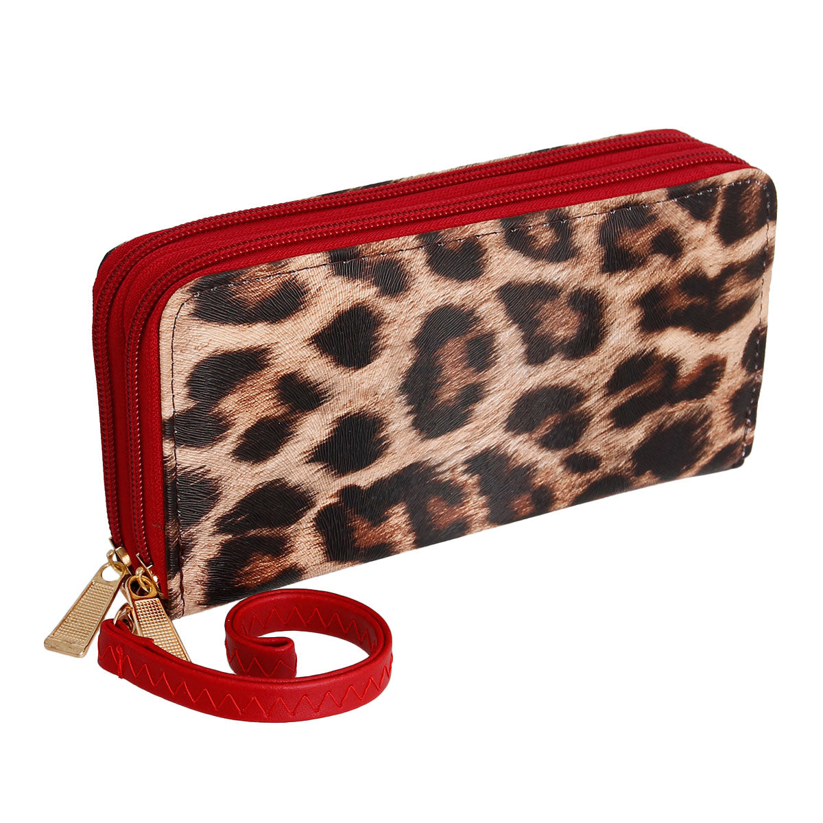 Red Leopard Double Zipper Wallet