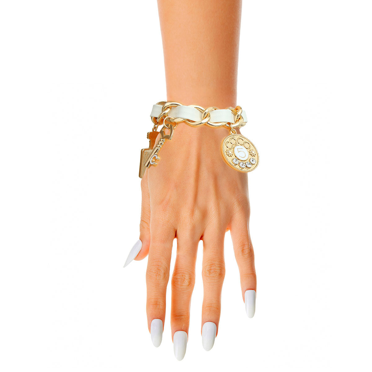 Gold Ball White Designer 5 Charm Bracelet