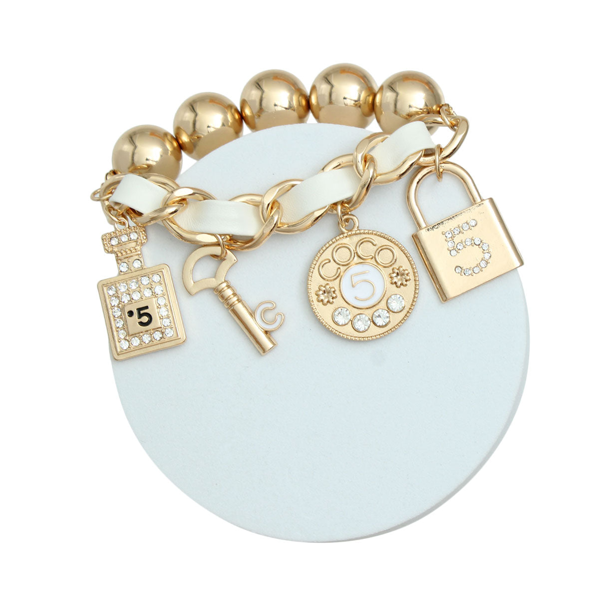 Gold Ball White Designer 5 Charm Bracelet