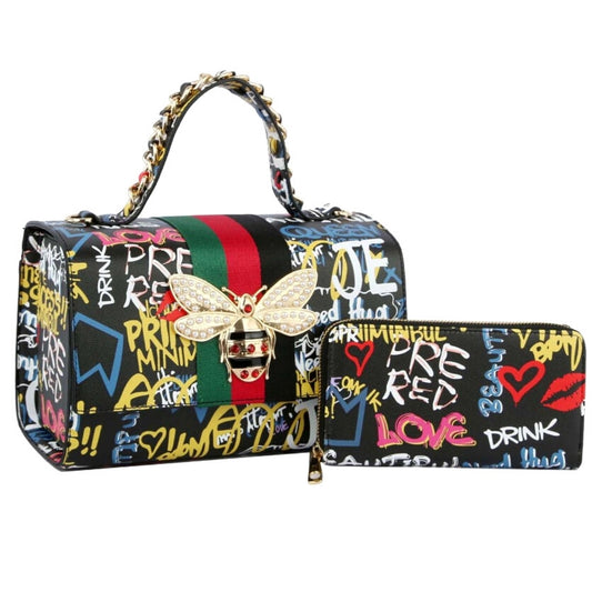 Designer Black Graffiti Satchel Bag Set