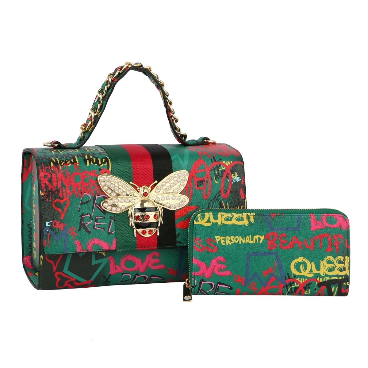 Designer Green Graffiti Satchel Bag Set