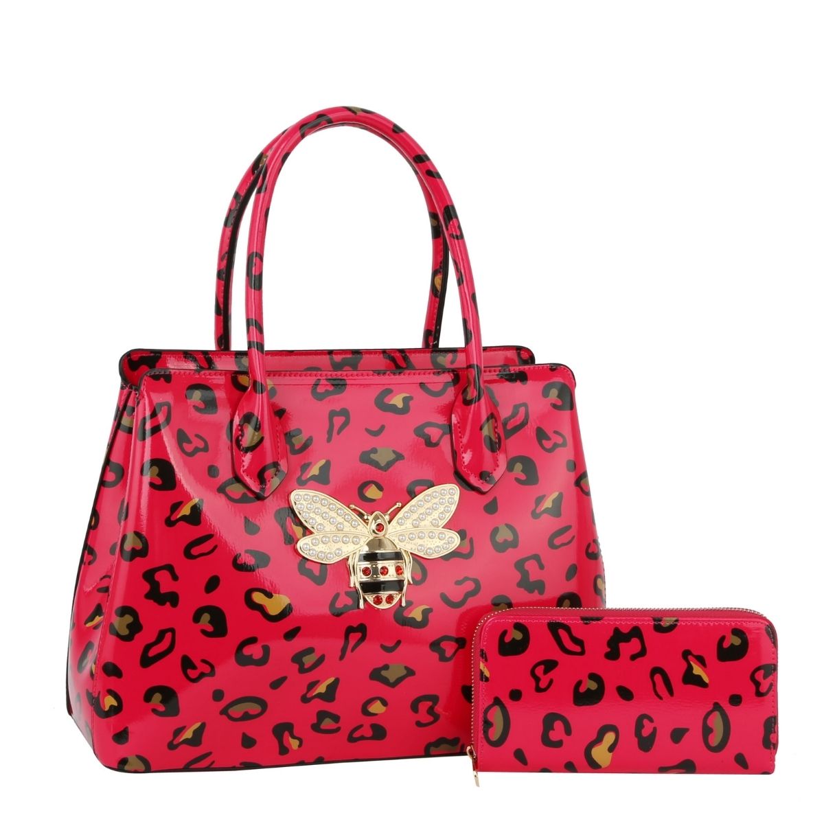 Fuchsia Leopard Patent Handbag Set