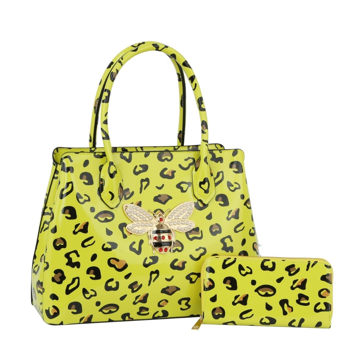 Neon Yellow Leopard Patent Handbag Set