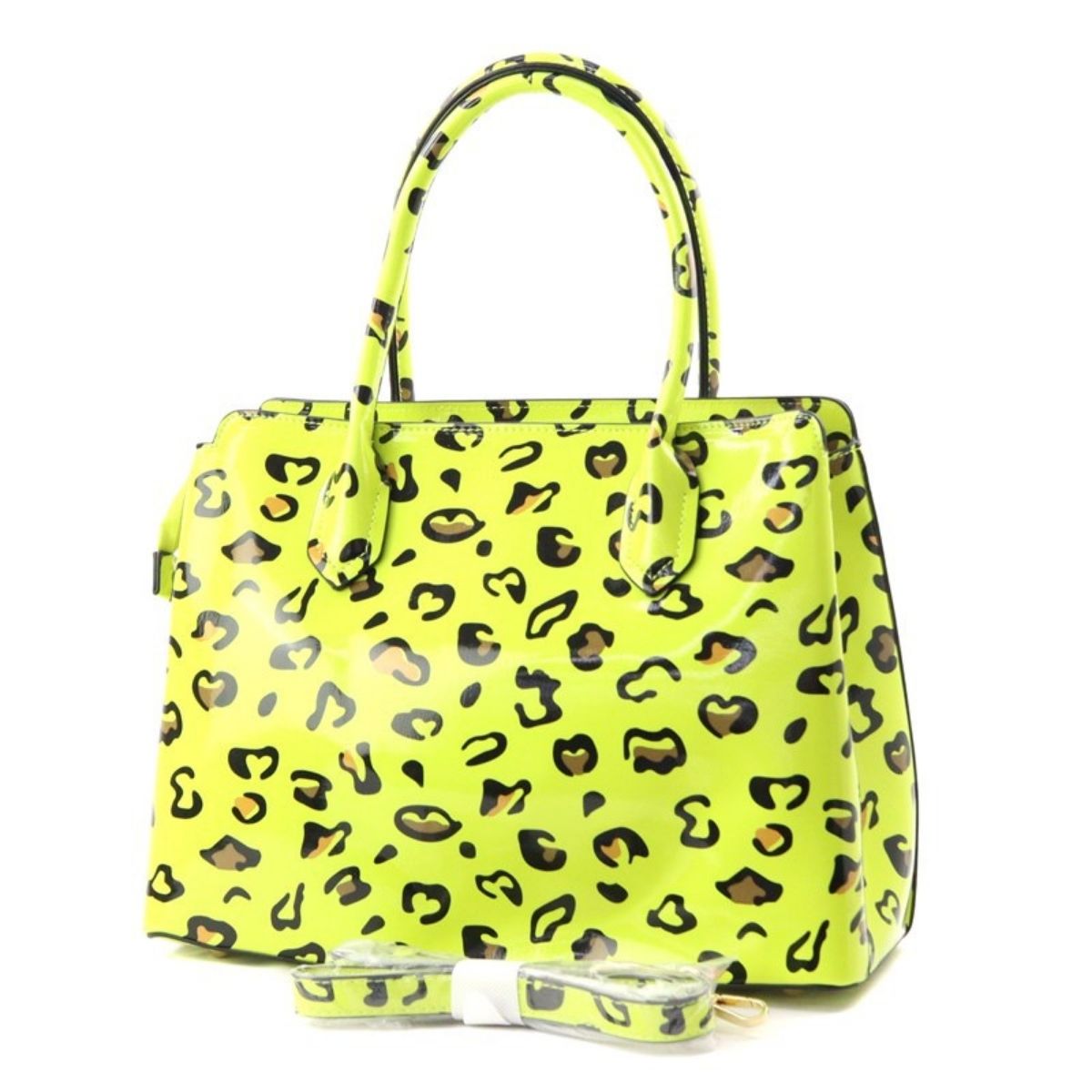 Neon Yellow Leopard Patent Handbag Set