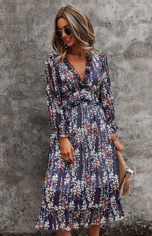 Simple Print Dress With V-Neck In Spring And Summer