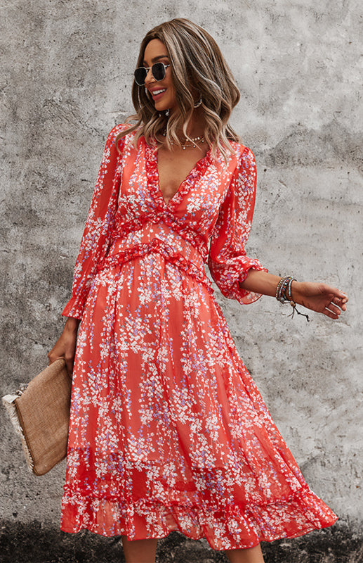 Simple Print Dress With V-Neck In Spring And Summer