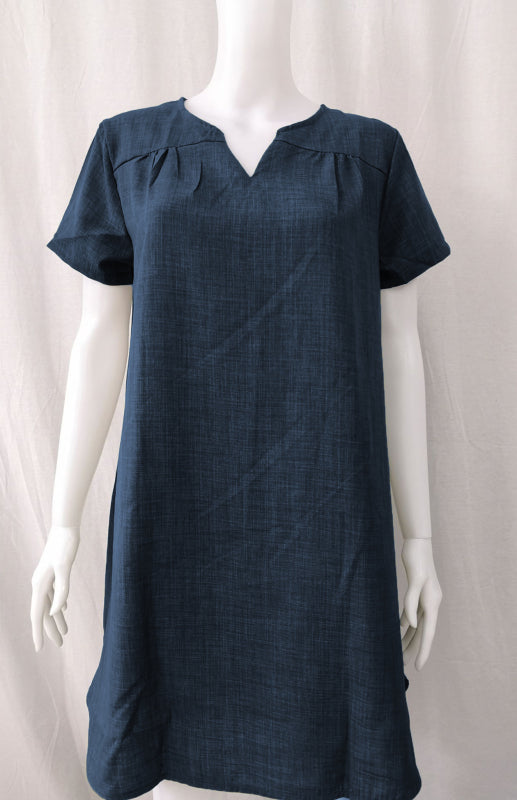 Women's Solid Color Split Neckline Linen Blend Dress
