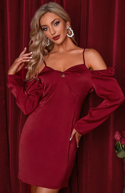 Women’s Silky Off The Shoulder Puffed Sleeve Mini Dress With Keyhole Neckline And Thin Shoulder Straps