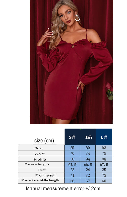 Women’s Silky Off The Shoulder Puffed Sleeve Mini Dress With Keyhole Neckline And Thin Shoulder Straps