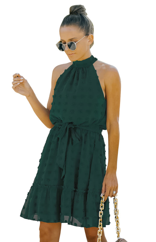 Ladies Spring/Summer Fashion Jacquard Hollow Halter Chiffon Dress