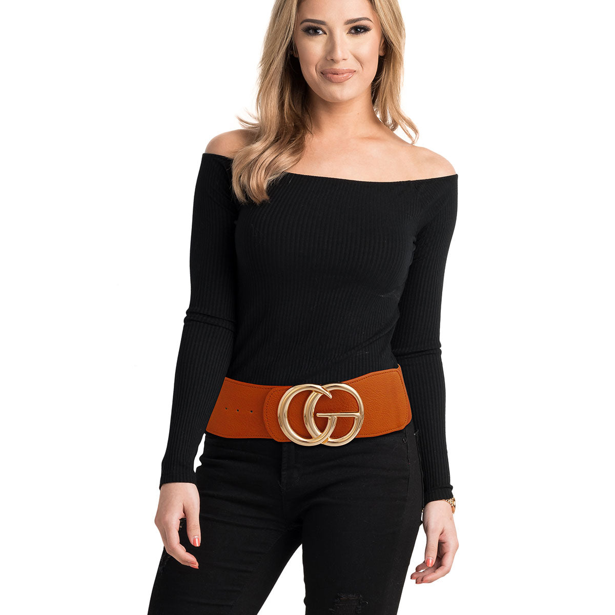 Camel and Gold GG Wide Stretch Belt